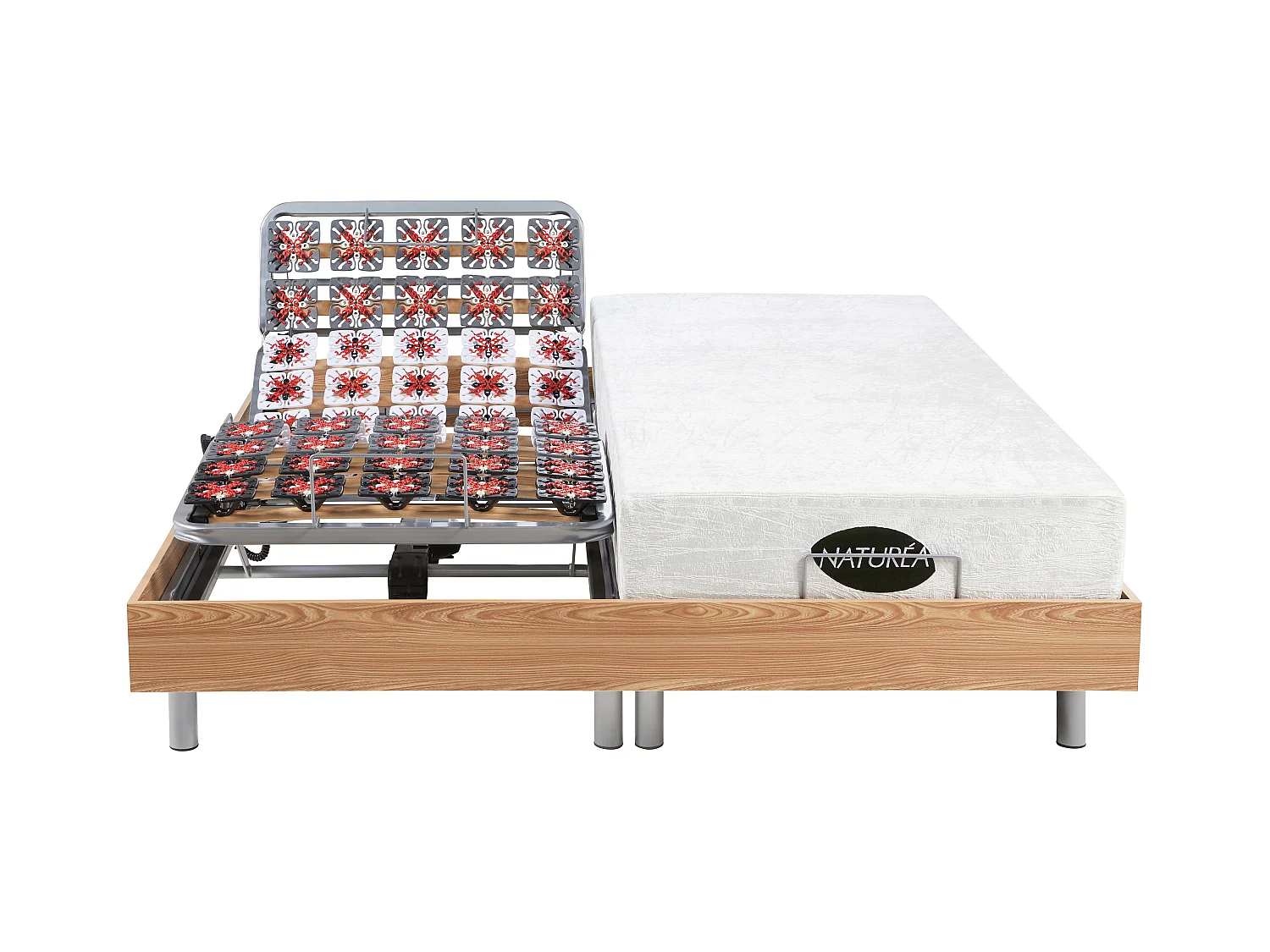 Lit électrique de relaxation tout plots + matelas mémoire de forme et bambou - 2 x 80 x 200 cm - Chêne - LYSIS III de NATUREA