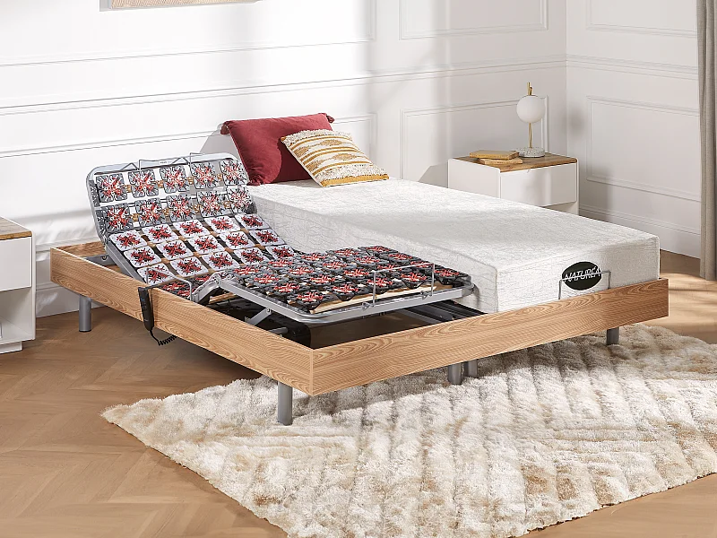 Lit électrique de relaxation tout plots + matelas mémoire de forme et bambou - 2 x 80 x 200 cm - Chêne - LYSIS III de NATUREA