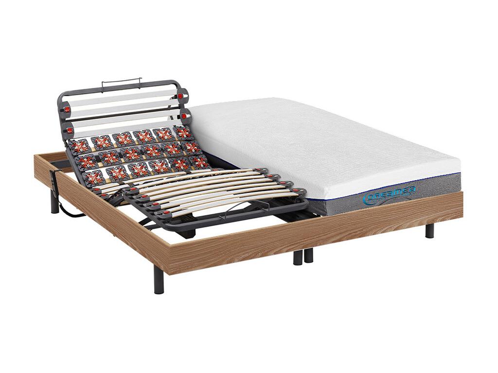 Lit électrique de relaxation lattes et plots + matelas mémoire de forme - 2 x 80 x 200 cm - Chêne - DIONYSOS de DREAMEA
