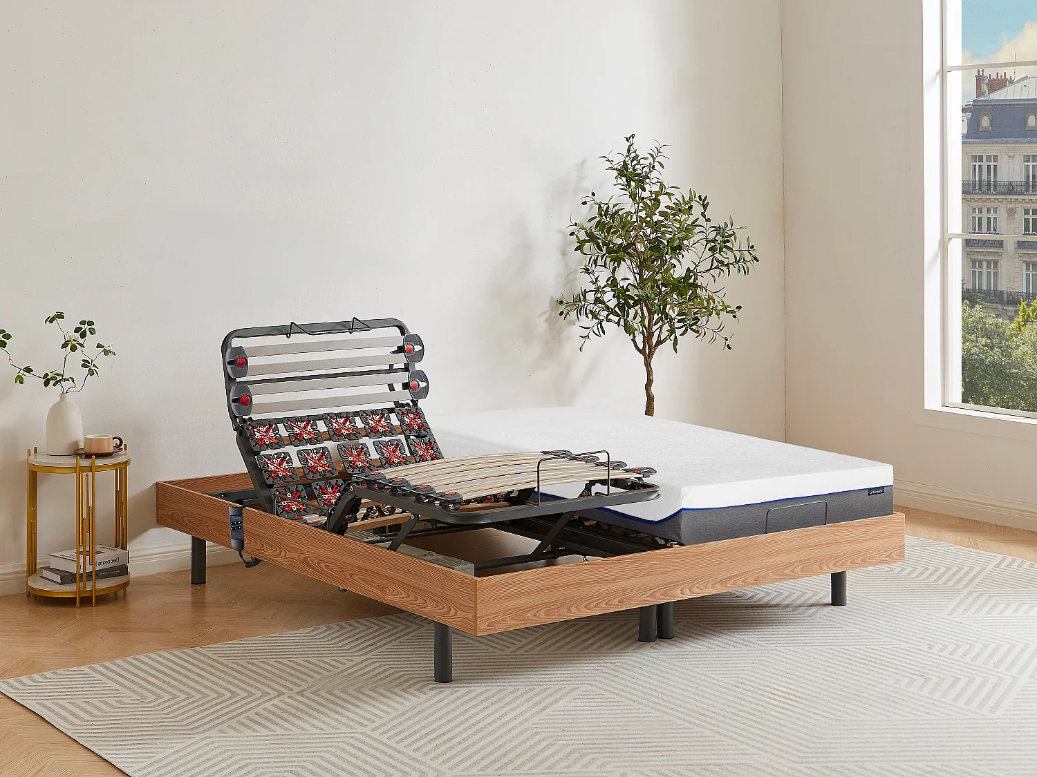 Lit électrique de relaxation lattes et plots + matelas mémoire de forme - 2 x 80 x 200 cm - Chêne - DIONYSOS de YSMÉE