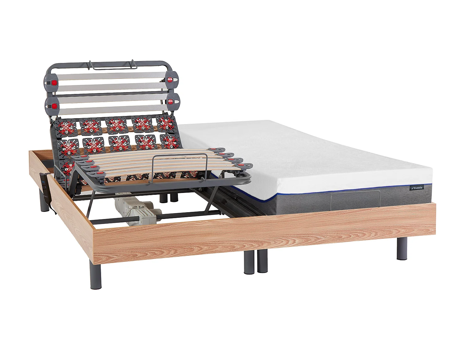 Relaxbett elektrisch - Matratzen mit Memory Schaum - DIONYSOS von YSMÉE - mit OKIN-Motor - Holzfarben natürlich -  2 x 80 x 200 cm