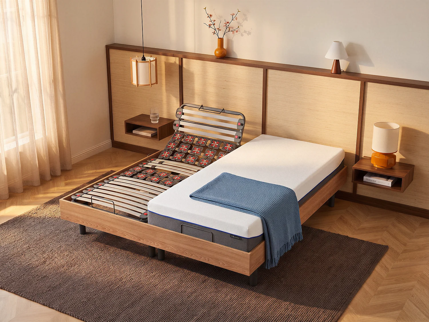 Lit électrique de relaxation lattes et plots + matelas mémoire de forme - 2 x 80 x 200 cm - Chêne - DIONYSOS de YSMÉE