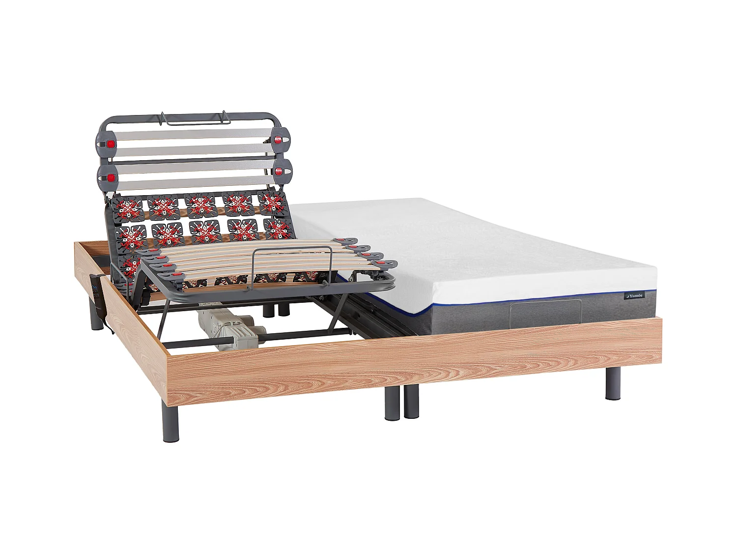Lit électrique de relaxation lattes et plots + matelas mémoire de forme - 2 x 90 x 200 cm - Chêne - DIONYSOS de YSMÉE