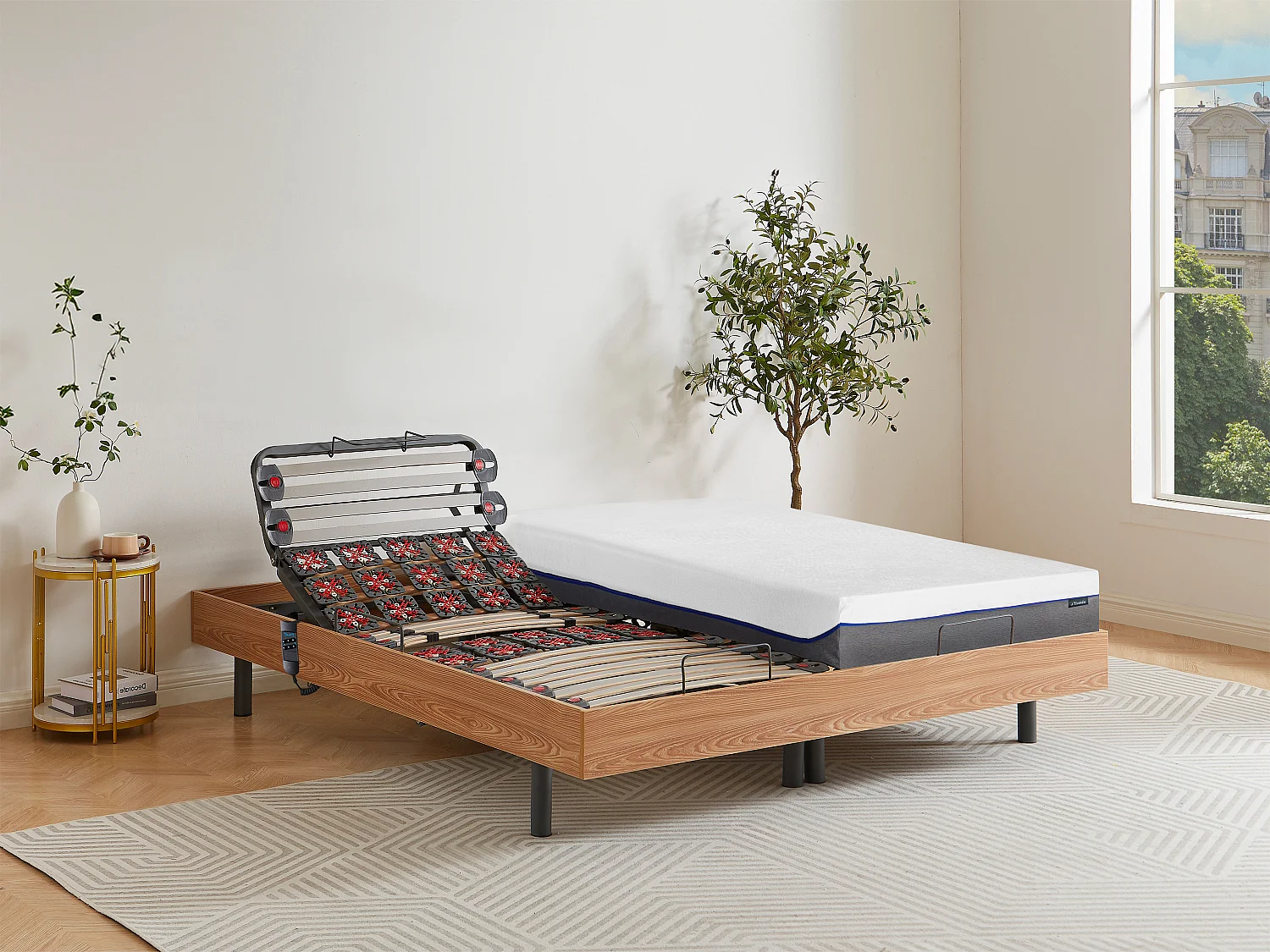 Lit électrique de relaxation lattes et plots + matelas mémoire de forme - 2 x 90 x 200 cm - Chêne - DIONYSOS de YSMÉE