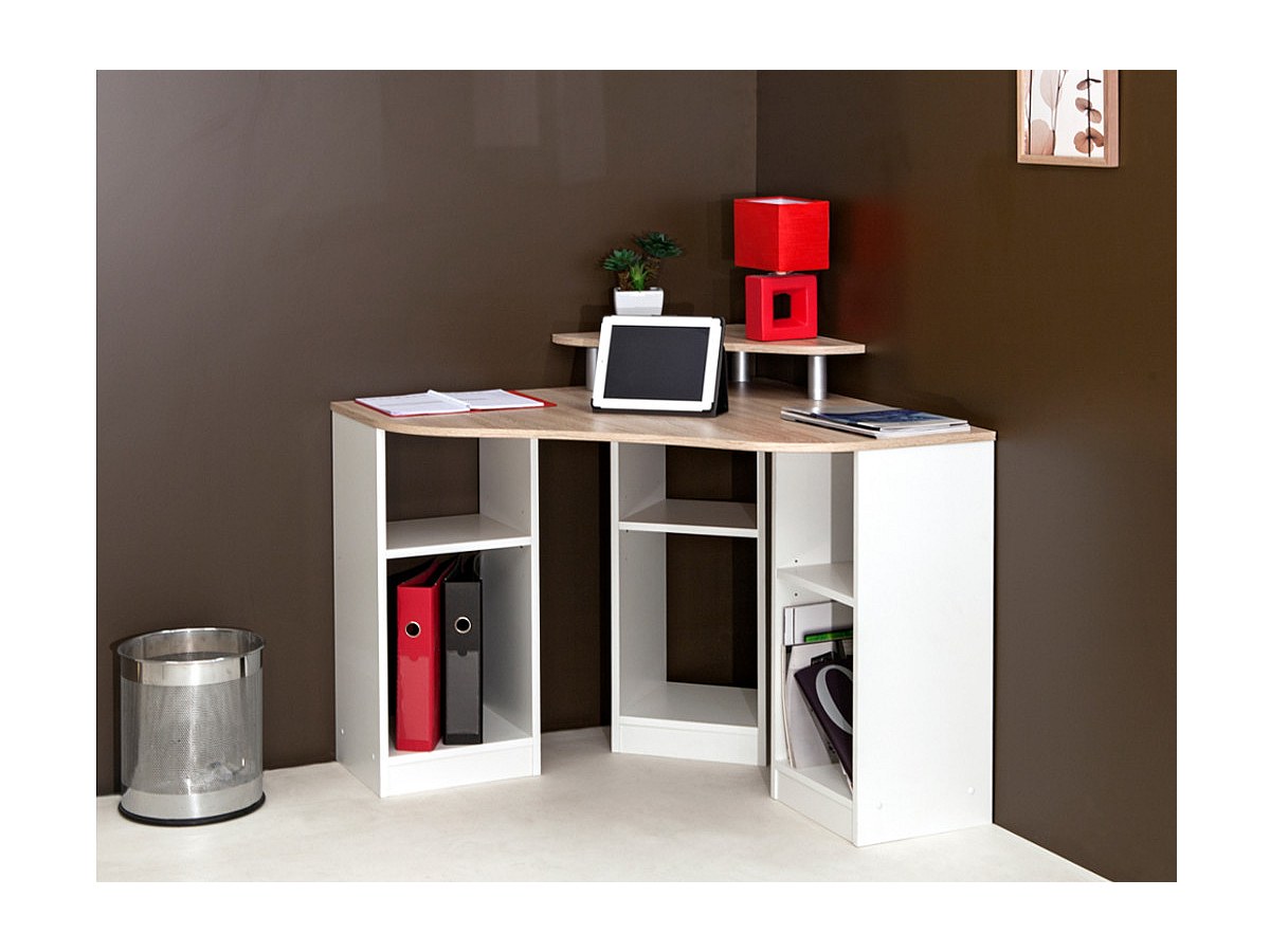 Escritorio rinconero con estantes blanco y roble FIDUCIA