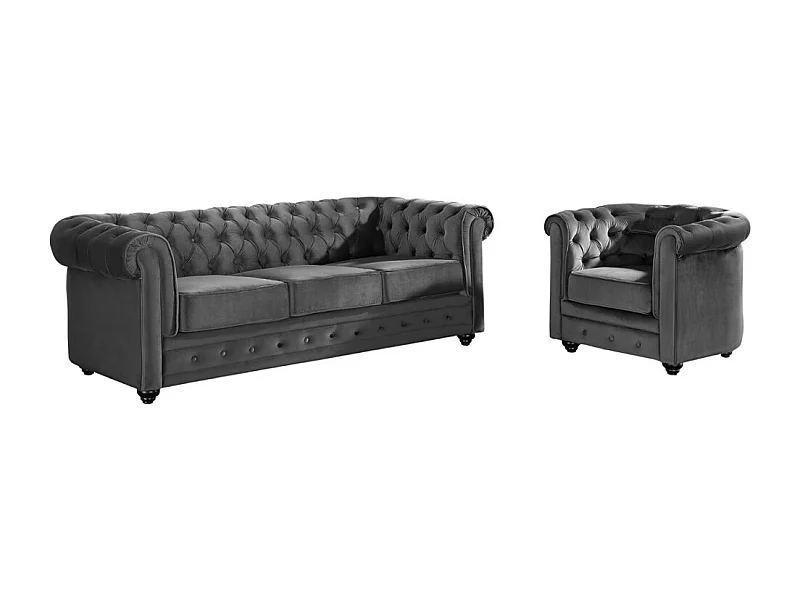 Canapé 3 places et fauteuil CHESTERFIELD - Velours anthracite