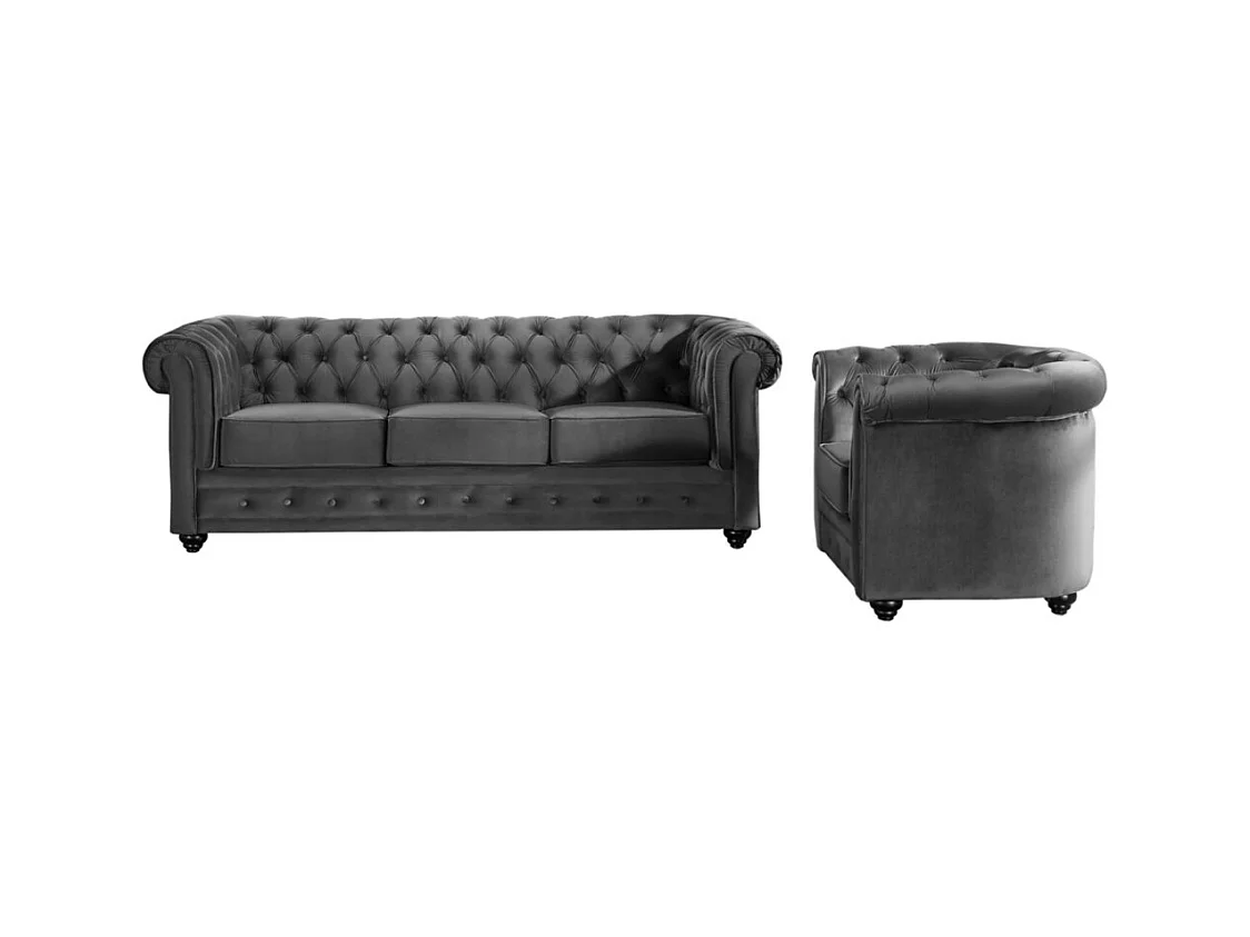 Driezitsbank en fauteuil CHESTERFIELD - velours - antraciet