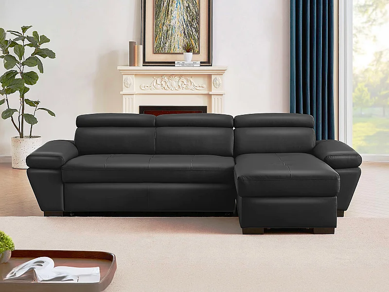 Canapé d'angle droit convertible en cuir gris anthracite JONOVA