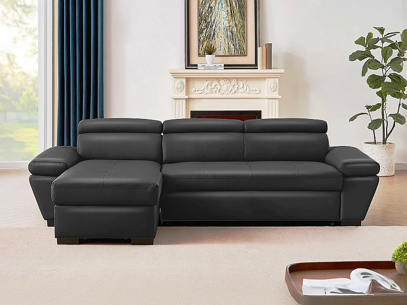 Canapé d'angle gauche convertible en cuir gris anthracite JONOVA