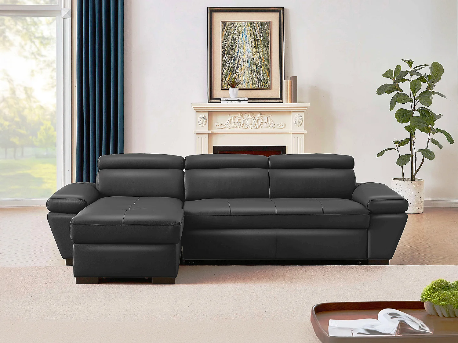 Canapé d'angle gauche convertible en cuir gris anthracite JONOVA