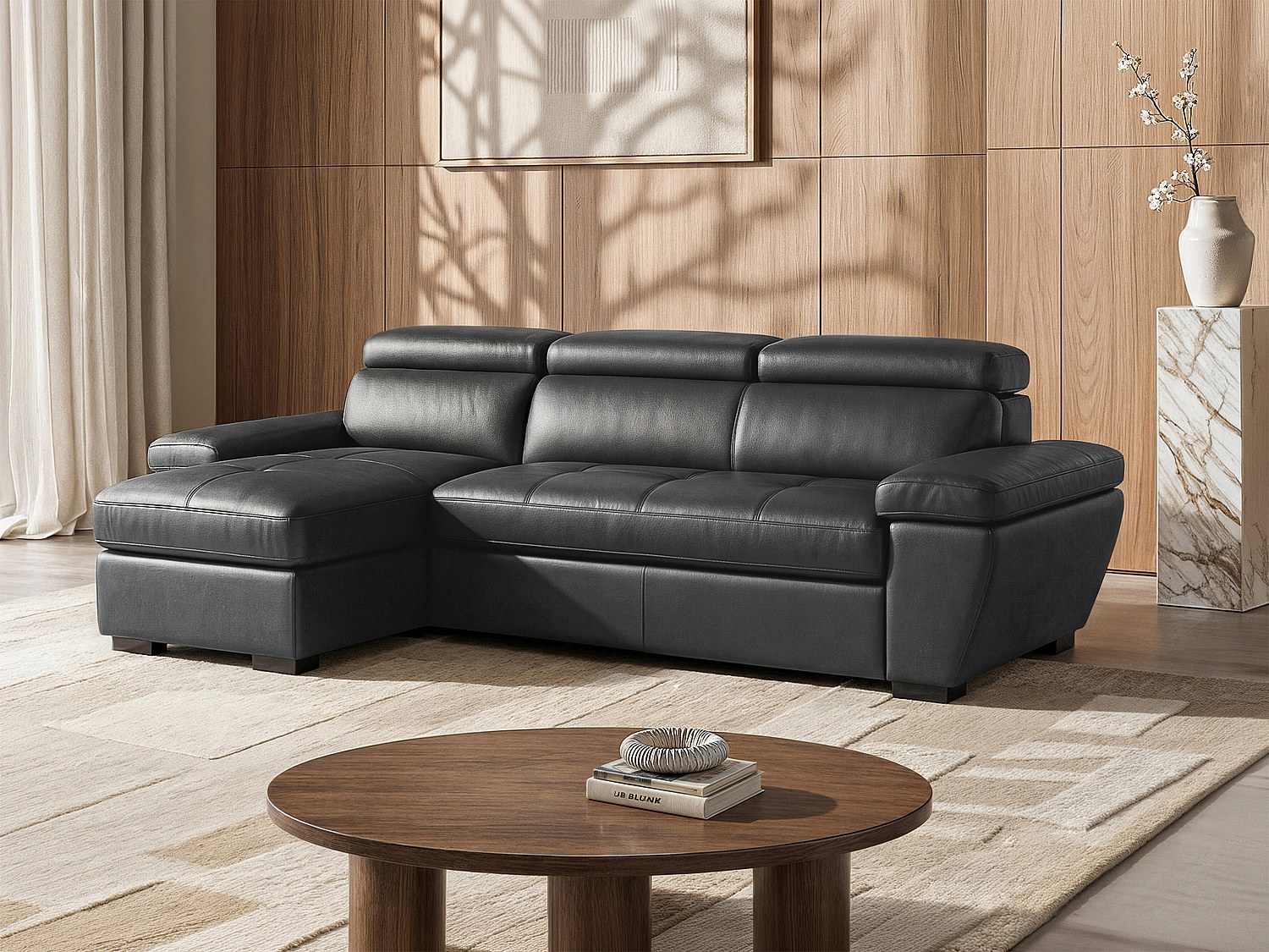 Vente-unique Ecksofa mit Schlaffunktion - Leder - Ecke Links - Anthrazit - JONOVA 363433