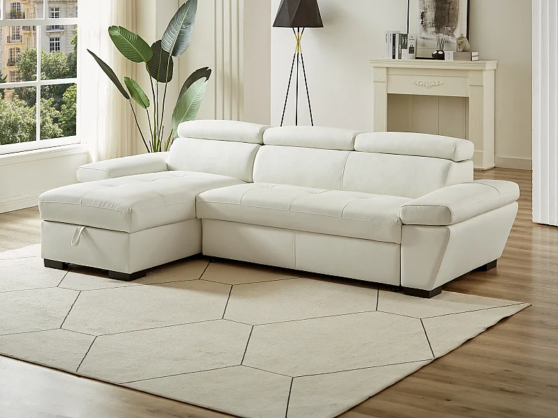 Canapé d'angle convertible en cuir JONOVA - Blanc - Angle gauche