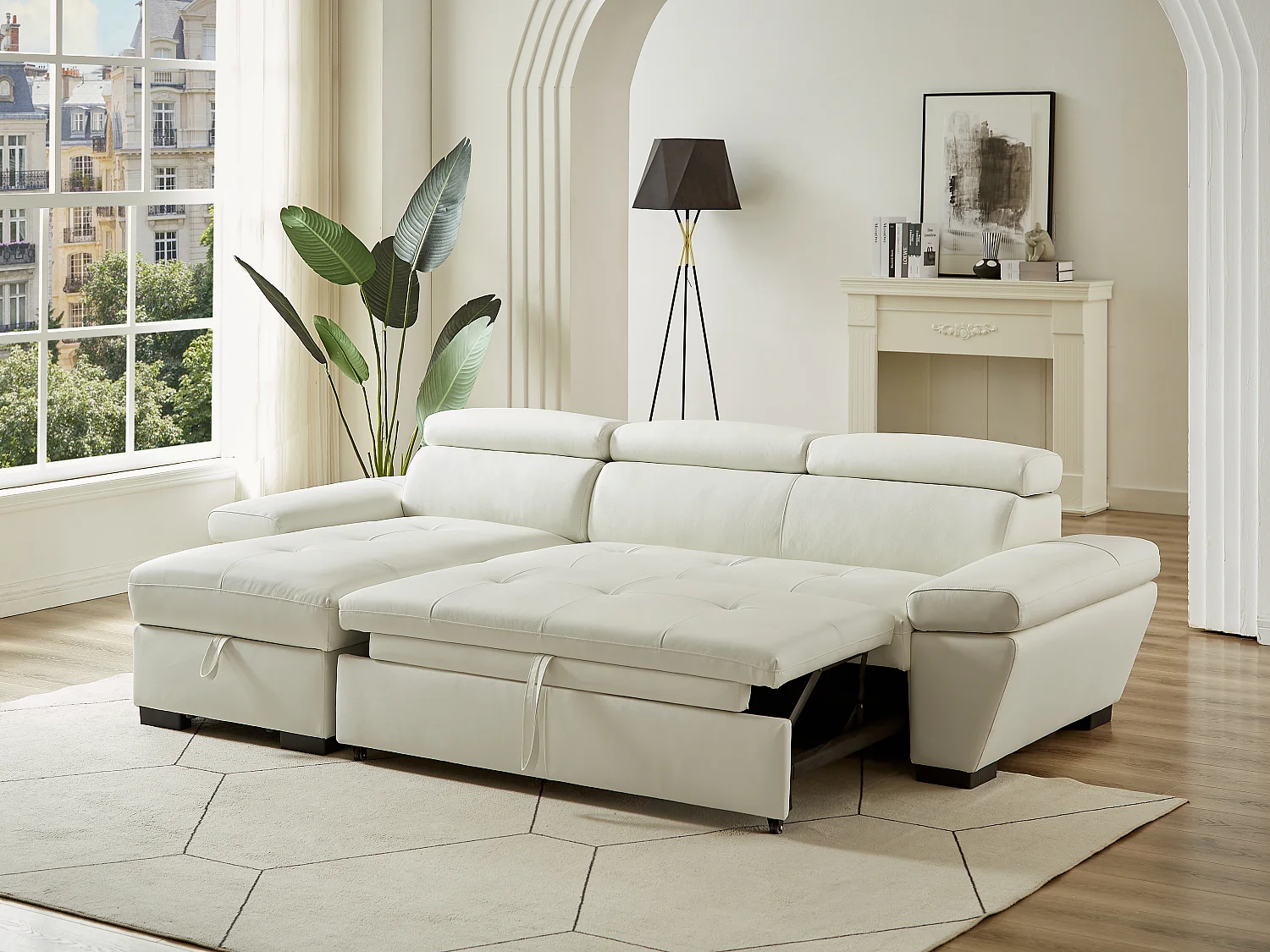 Ecksofa mit Schlaffunktion - Ecke Links - Leder - Weiß - JONOVA