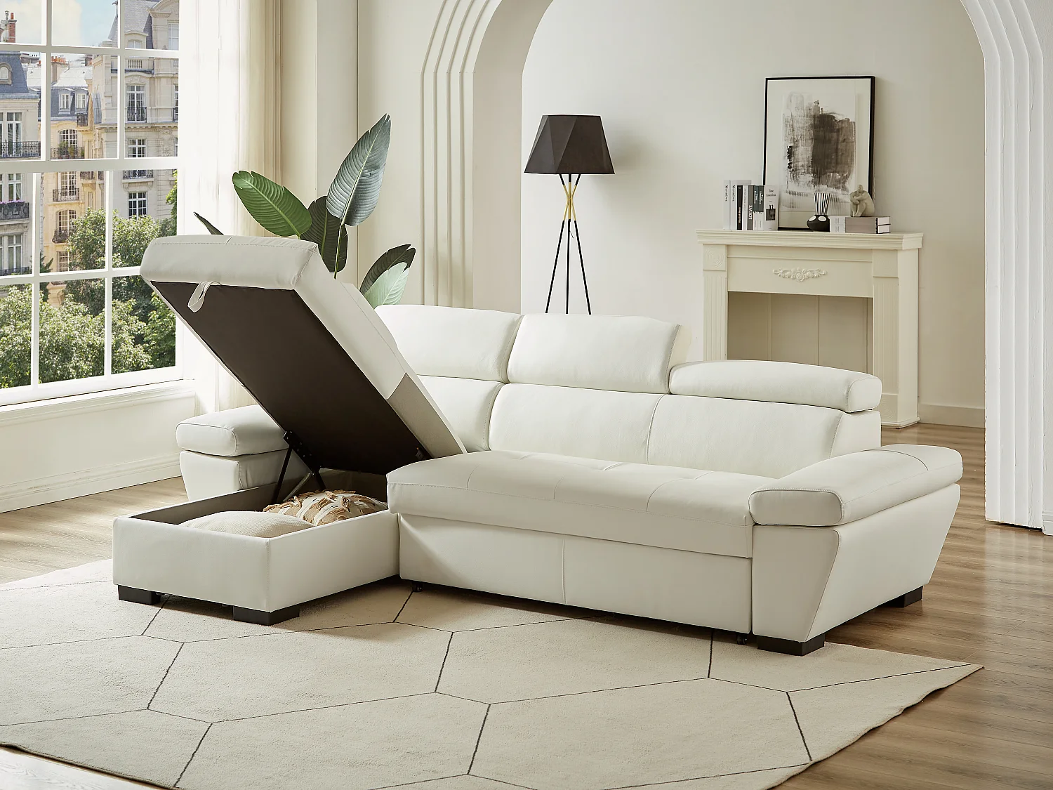 Canapé d'angle convertible en cuir JONOVA - Blanc - Angle gauche