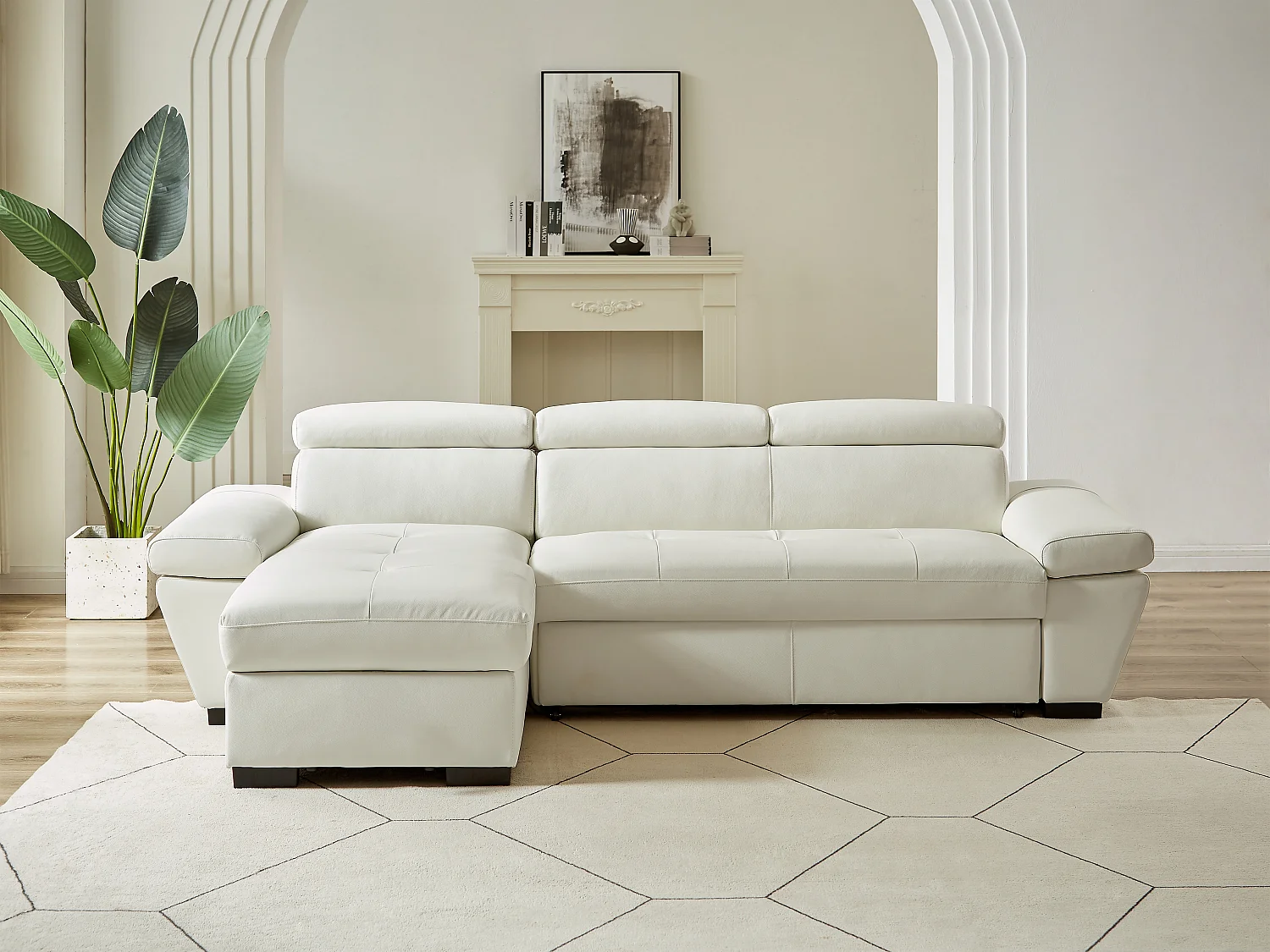 Canapé d'angle convertible en cuir JONOVA - Blanc - Angle gauche