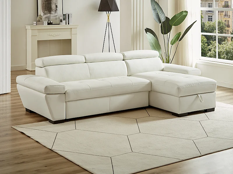 Canapé d'angle convertible en cuir JONOVA - Blanc - Angle droit