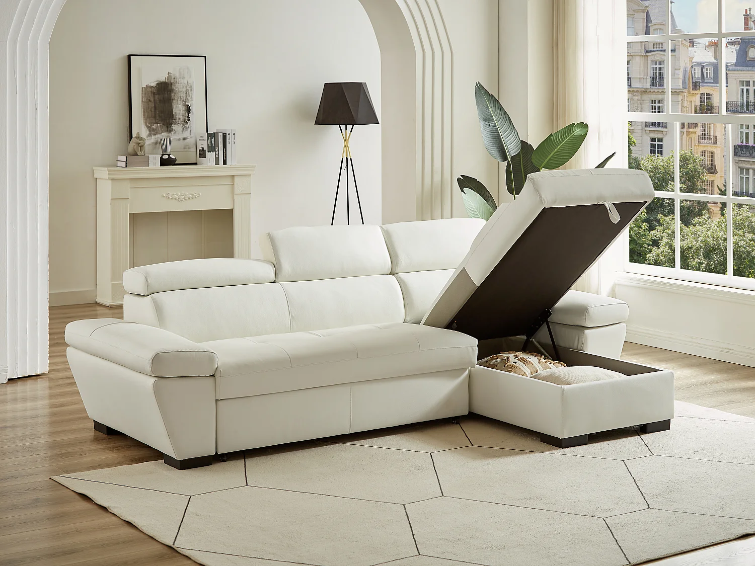 Canapé d'angle convertible en cuir JONOVA - Blanc - Angle droit