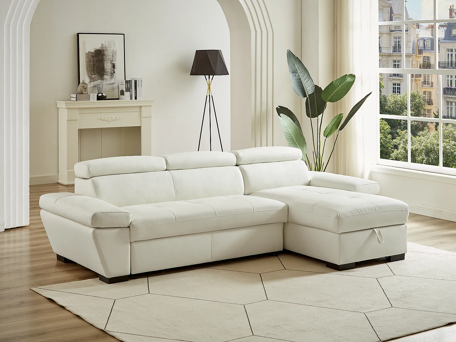 Canapé d'angle convertible en cuir JONOVA - Blanc - Angle droit