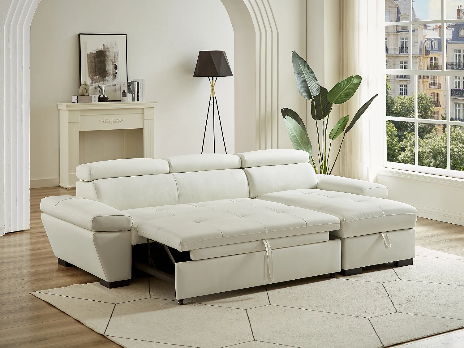 Canapé d'angle convertible en cuir JONOVA - Blanc - Angle droit