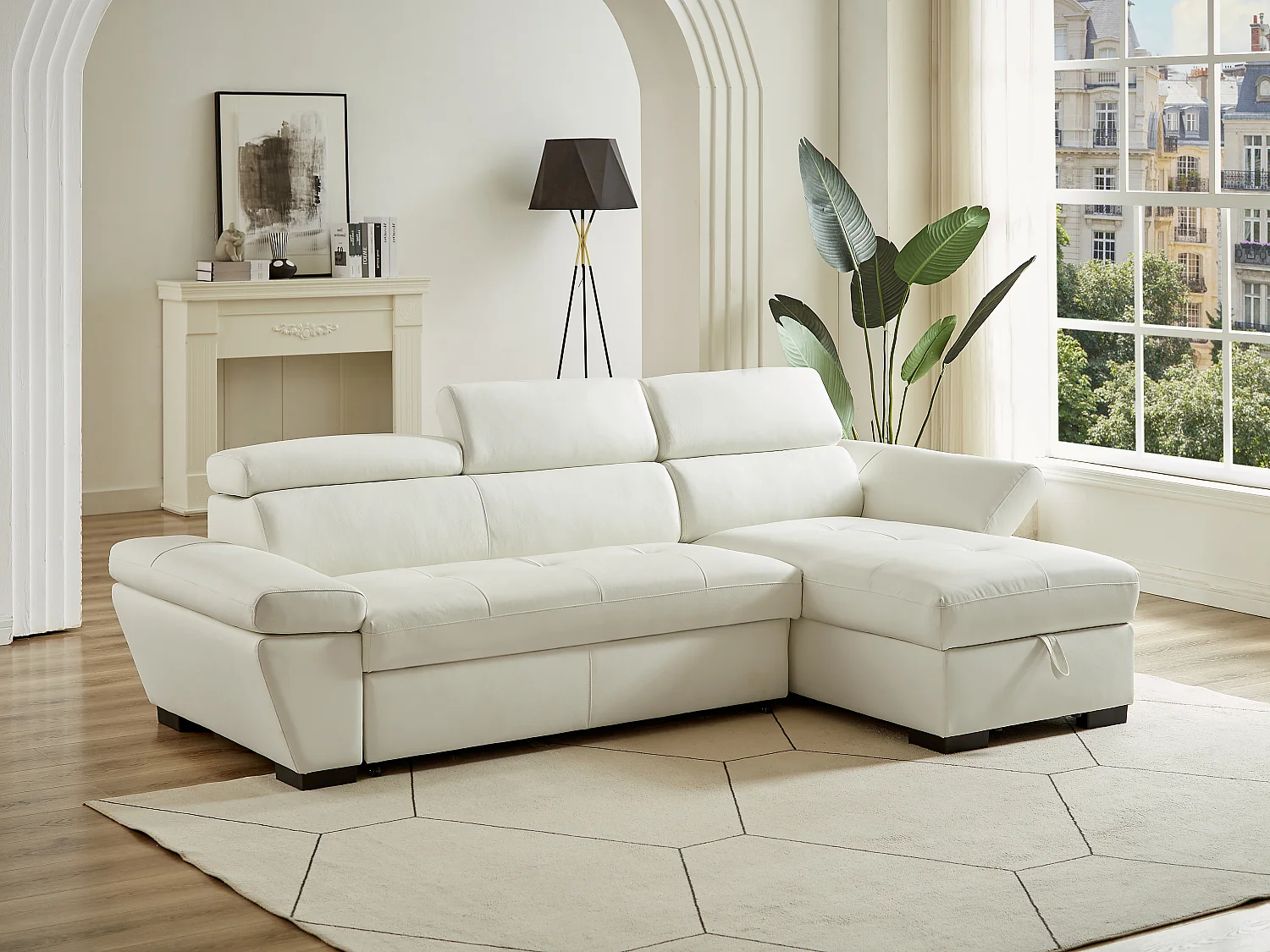 Canapé d'angle convertible en cuir JONOVA - Blanc - Angle droit