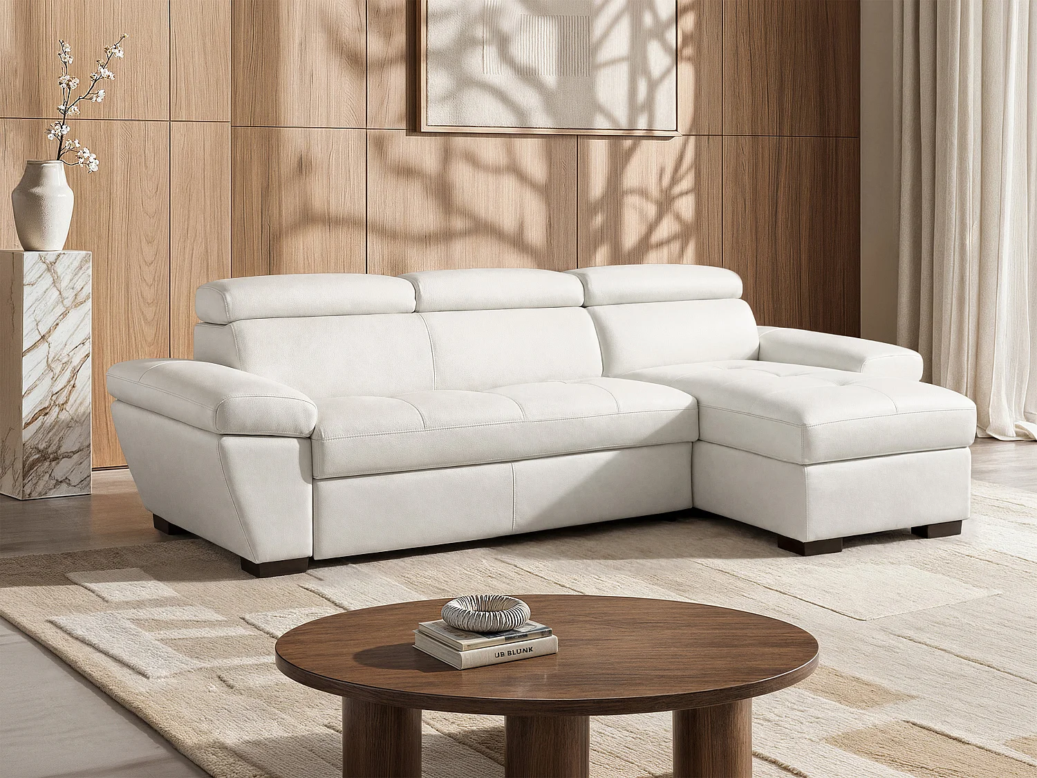 Ecksofa Leder mit Schlaffunktion - Ecke Rechts - Weiß - JONOVA