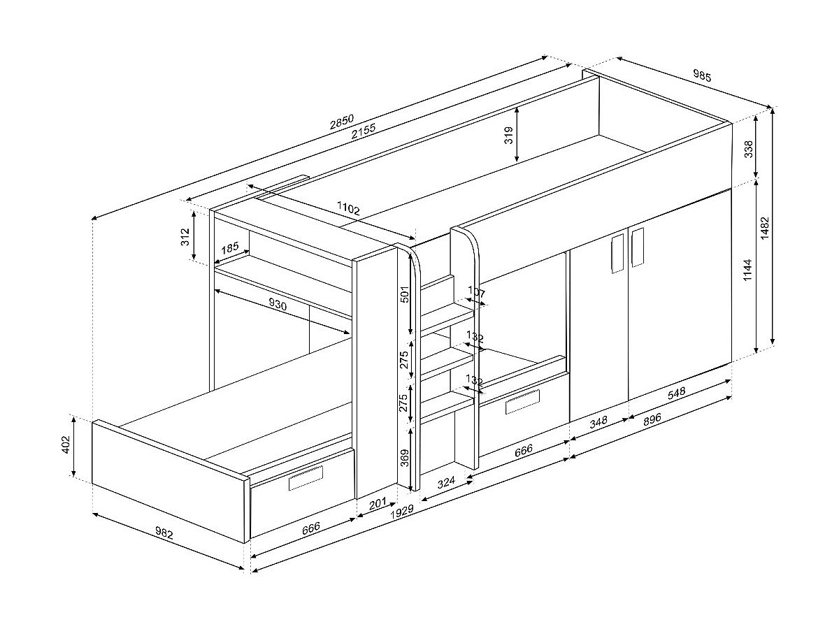 Etagenbett mit Kleiderschrank JULIEN - 2 x 90 x 190 cm - Weiß & Schwarz