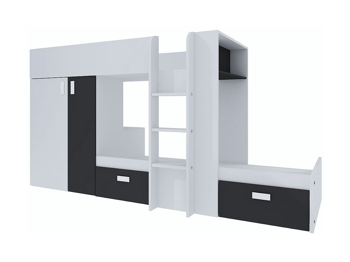 Etagenbett mit Kleiderschrank JULIEN - 2 x 90 x 190 cm - Weiß & Schwarz