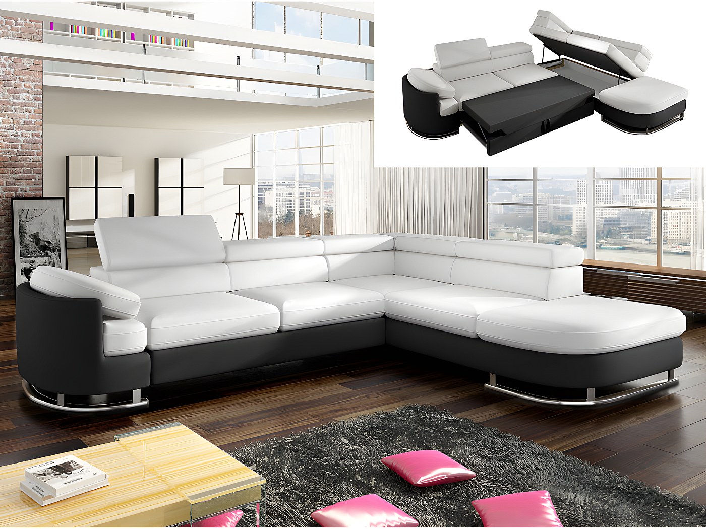 Sofá cama rinconero derecho piel sintética bicolor MYSEN