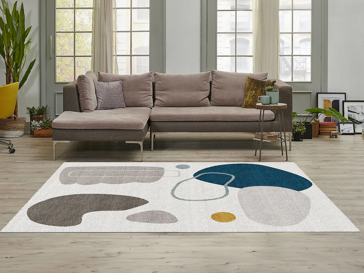 Alfombra design con motivos abstractos - 160 x 230 cm - Blanco gris y azul - KIMIA