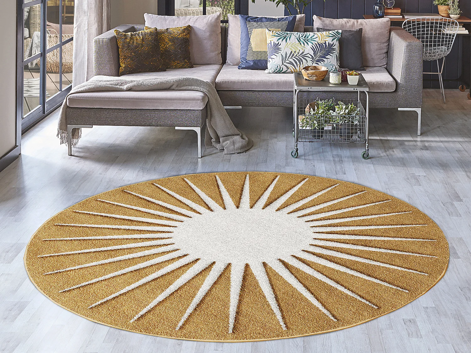 Tapis rond soleil en relief - D.200 cm - Moutarde et blanc - LUMINIO