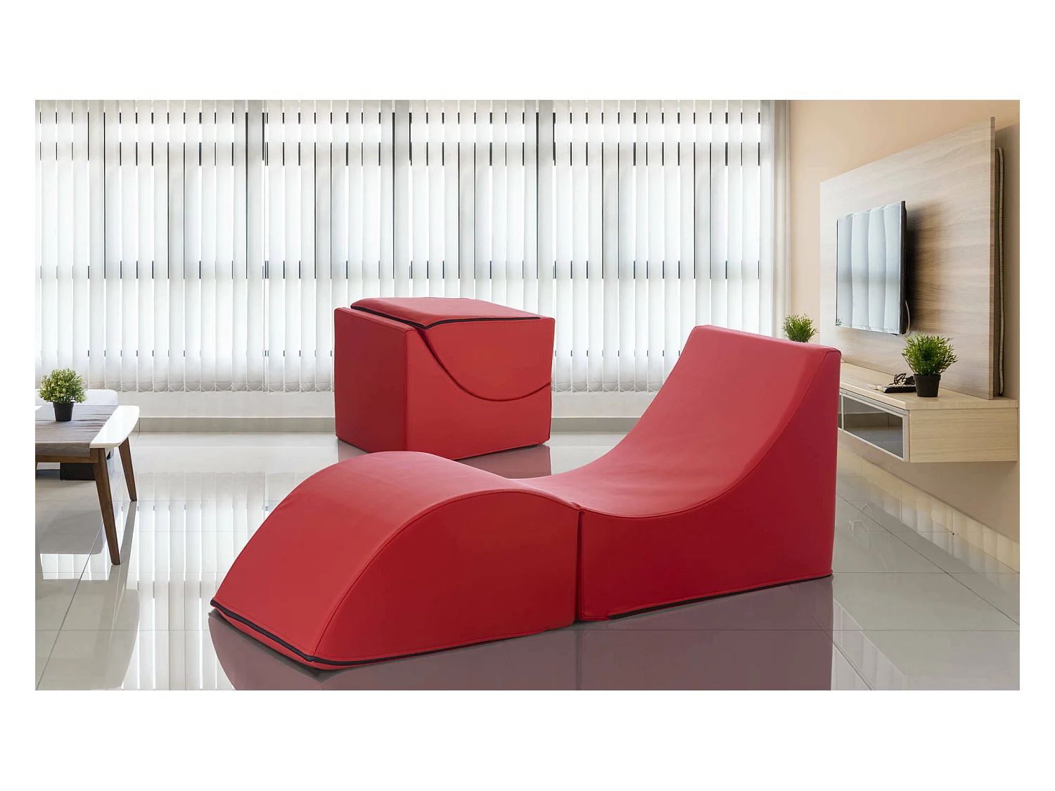 Lit pliant Dabaz, Pouf transformable en lit simple, Méridienne en éco-cuir, 100% Made in Italy, 130x50h50 cm, Rouge