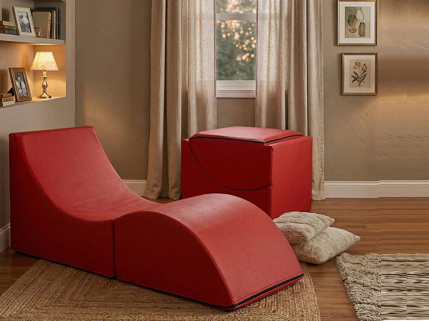 Lit pliant Dabaz, Pouf transformable en lit simple, Méridienne en éco-cuir, 100% Made in Italy, 130x50h50 cm, Rouge