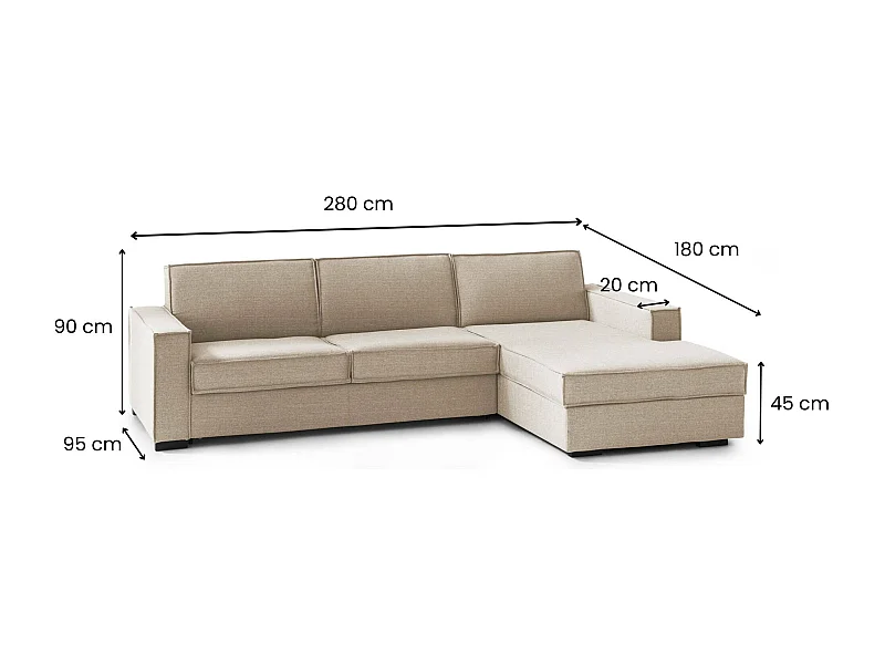 Canapé Adela, Canapé d'angle, 100% Made in Italy, Canapé avec ouverture pivotante, Péninsule de conteneur droite, 280x95h90 cm, Beige