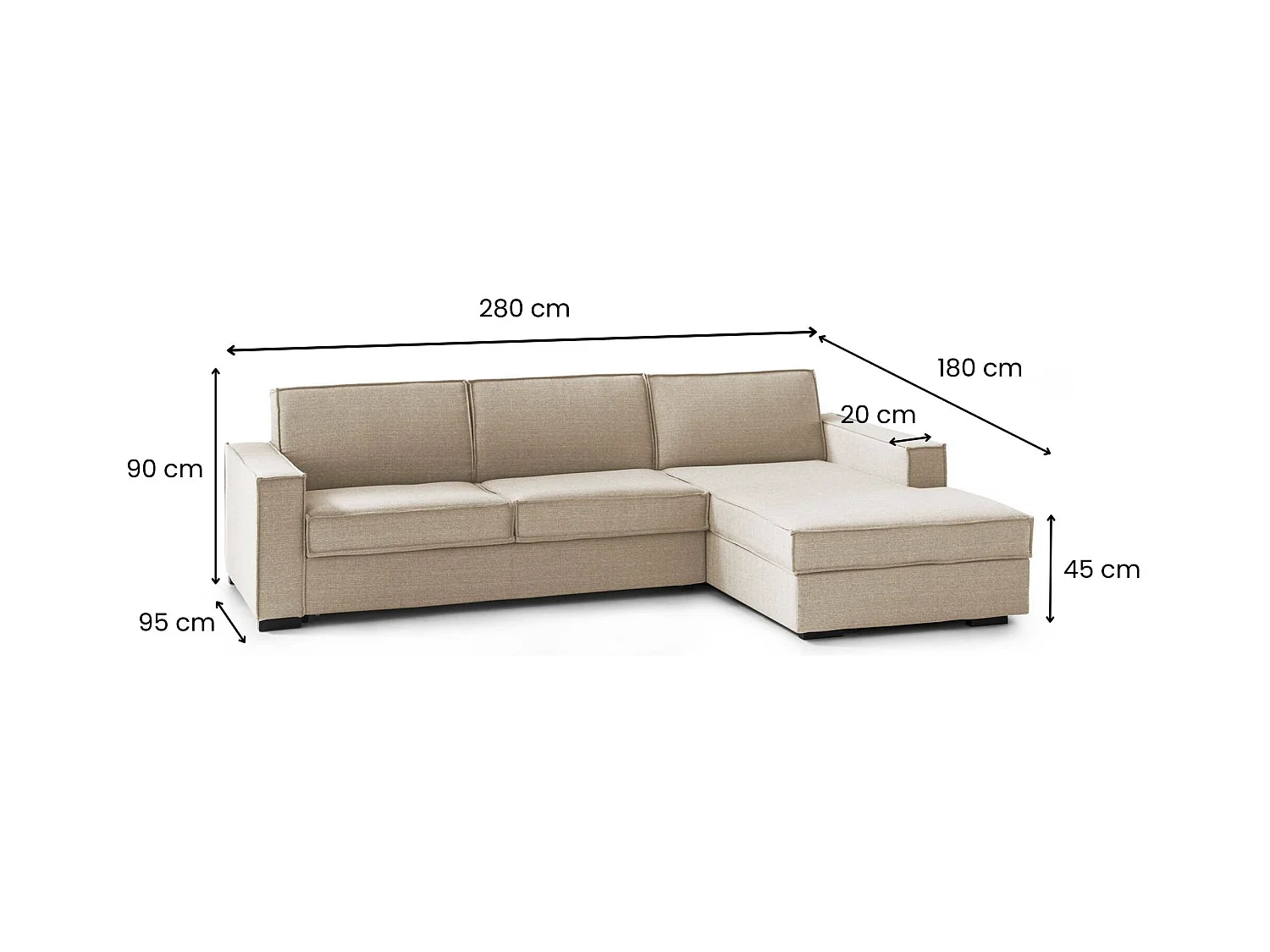 Sofa cama Daahje, Sofá de esquina, 100% Made in Italy, Sofá con apertura giratoria, Península contenedor derecha, con reposabrazos estándar, Cm 280x95h90, Beige