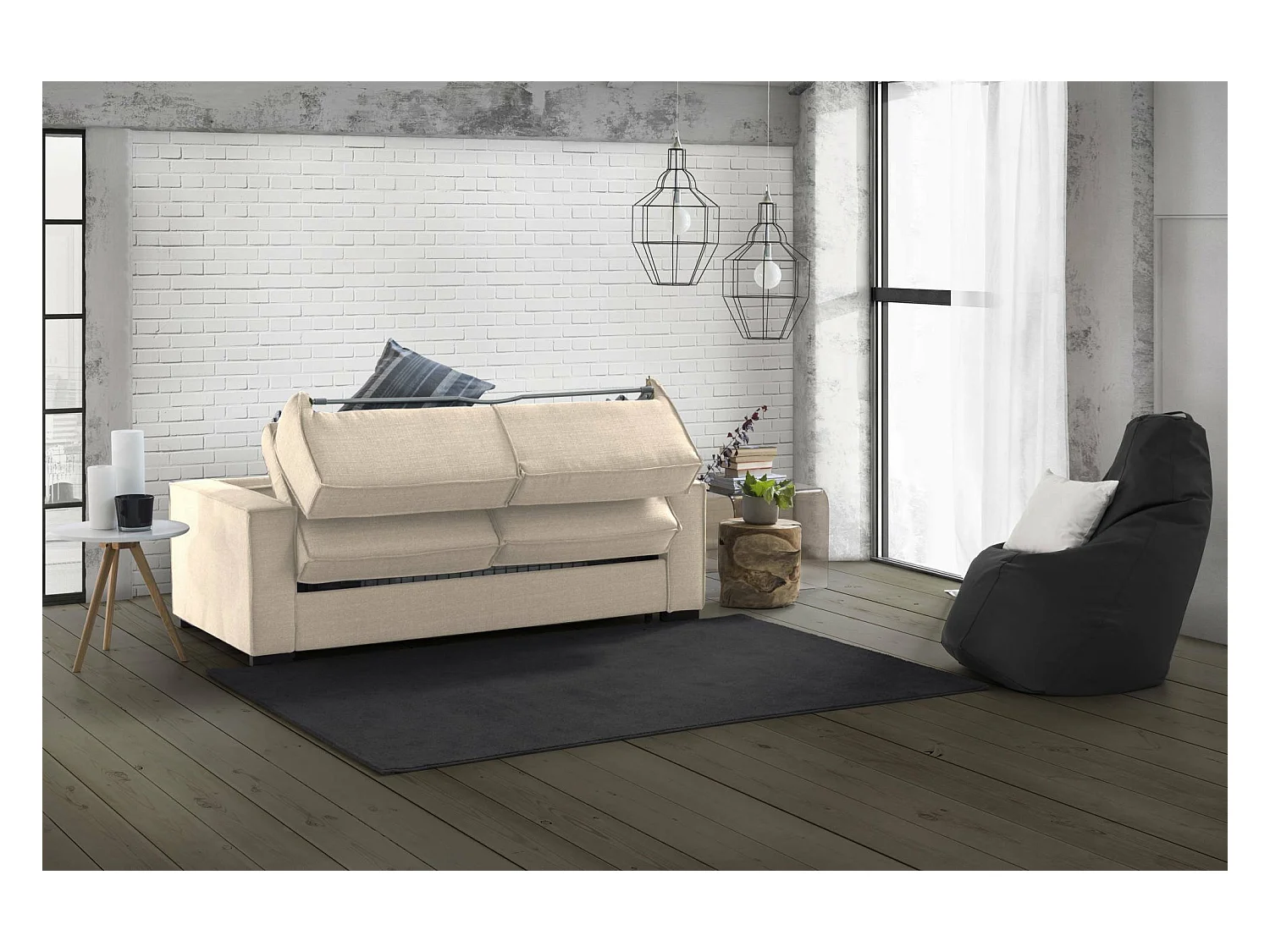 Sofa cama Daahje, Sofá de esquina, 100% Made in Italy, Sofá con apertura giratoria, Península contenedor derecha, con reposabrazos estándar, Cm 280x95h90, Beige