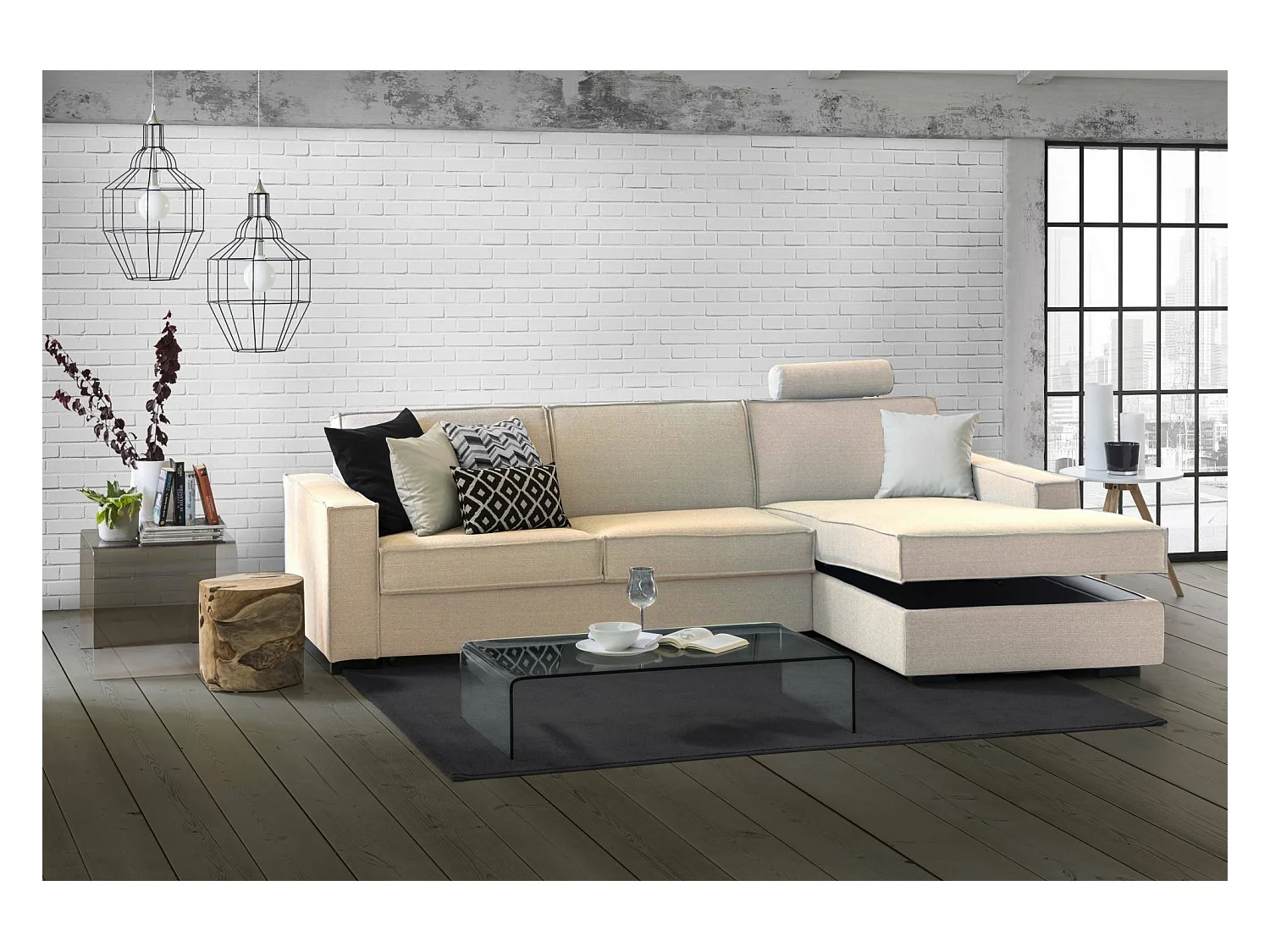 Sofa cama Daahje, Sofá de esquina, 100% Made in Italy, Sofá con apertura giratoria, Península contenedor derecha, con reposabrazos estándar, Cm 280x95h90, Beige