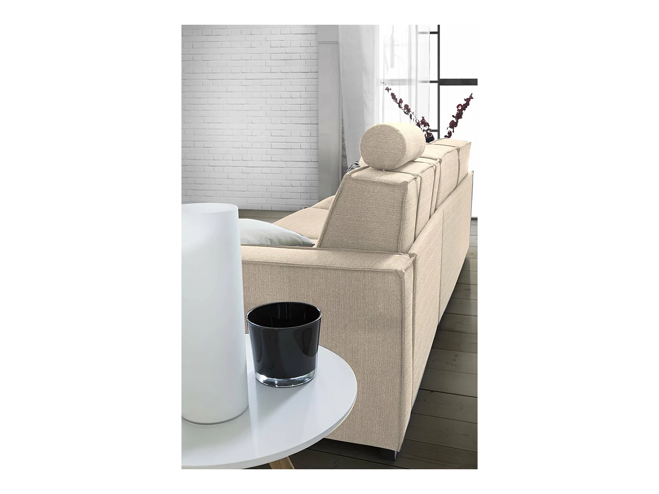 Sofa cama Daahje, Sofá de esquina, 100% Made in Italy, Sofá con apertura giratoria, Península contenedor derecha, con reposabrazos estándar, Cm 280x95h90, Beige