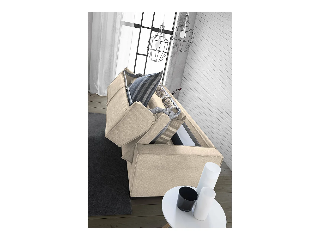 Sofa cama Daahje, Sofá de esquina, 100% Made in Italy, Sofá con apertura giratoria, Península contenedor derecha, con reposabrazos estándar, Cm 280x95h90, Beige