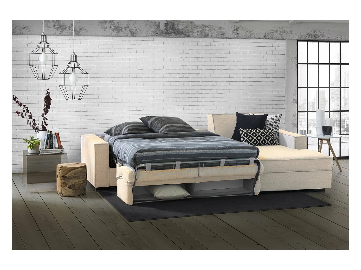 Sofa cama Daahje, Sofá de esquina, 100% Made in Italy, Sofá con apertura giratoria, Península contenedor derecha, con reposabrazos estándar, Cm 280x95h90, Beige