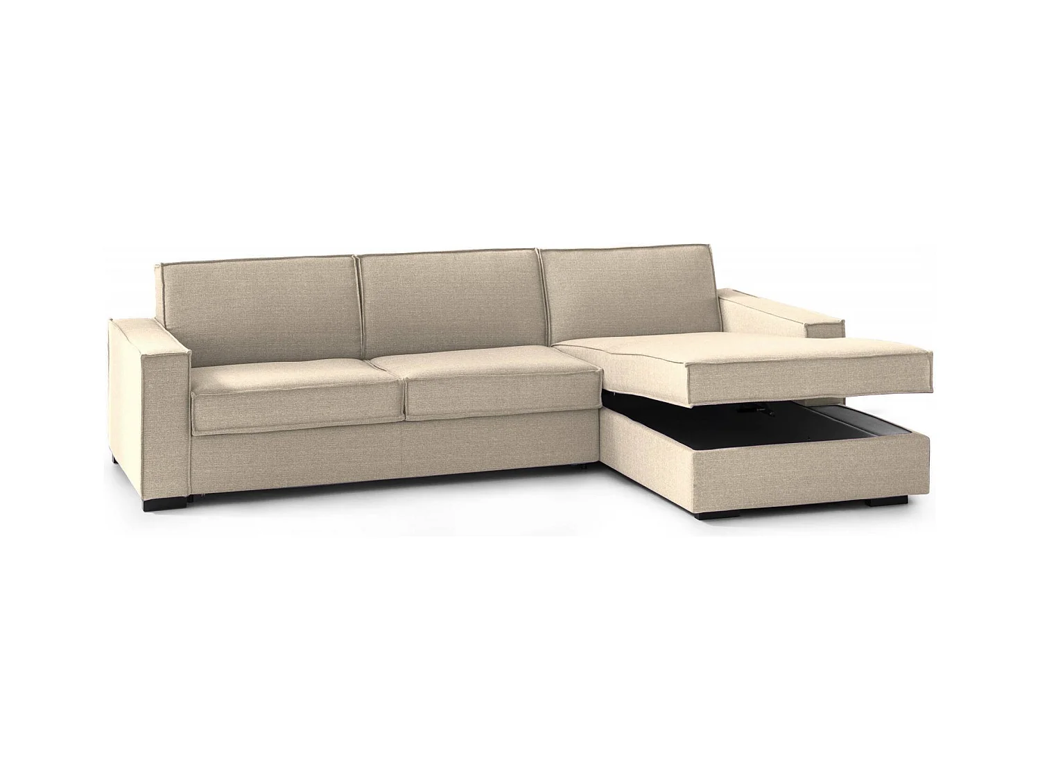 Sofa cama Daahje, Sofá de esquina, 100% Made in Italy, Sofá con apertura giratoria, Península contenedor derecha, con reposabrazos estándar, Cm 280x95h90, Beige