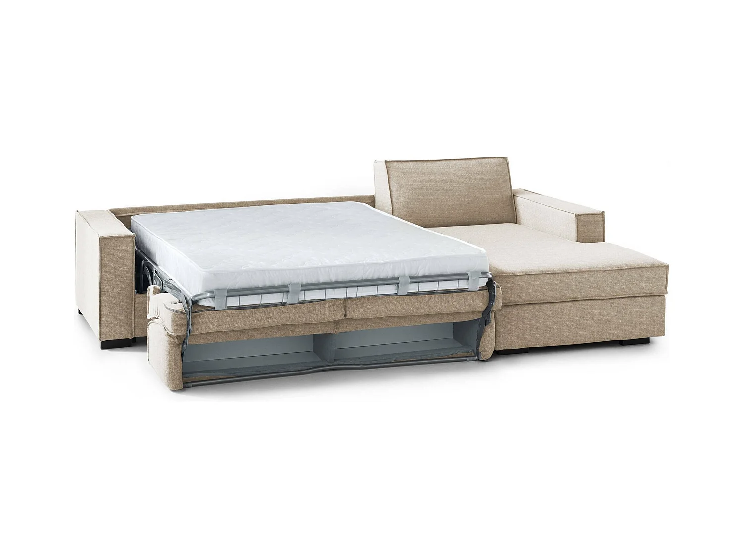 Sofa cama Daahje, Sofá de esquina, 100% Made in Italy, Sofá con apertura giratoria, Península contenedor derecha, con reposabrazos estándar, Cm 280x95h90, Beige