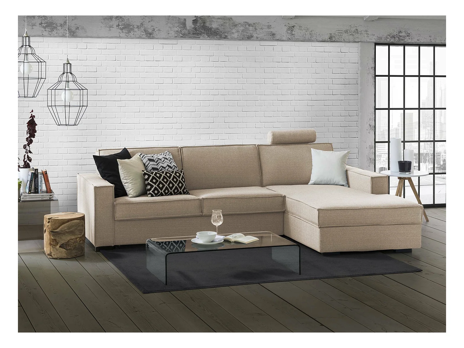 Daahje Slaapbank, Hoekbank, 100% Made in Italy, Bank met draaibare opening, Opbergschiereiland rechts, met standaard armleuningen, 280x95h90 cm, Beige