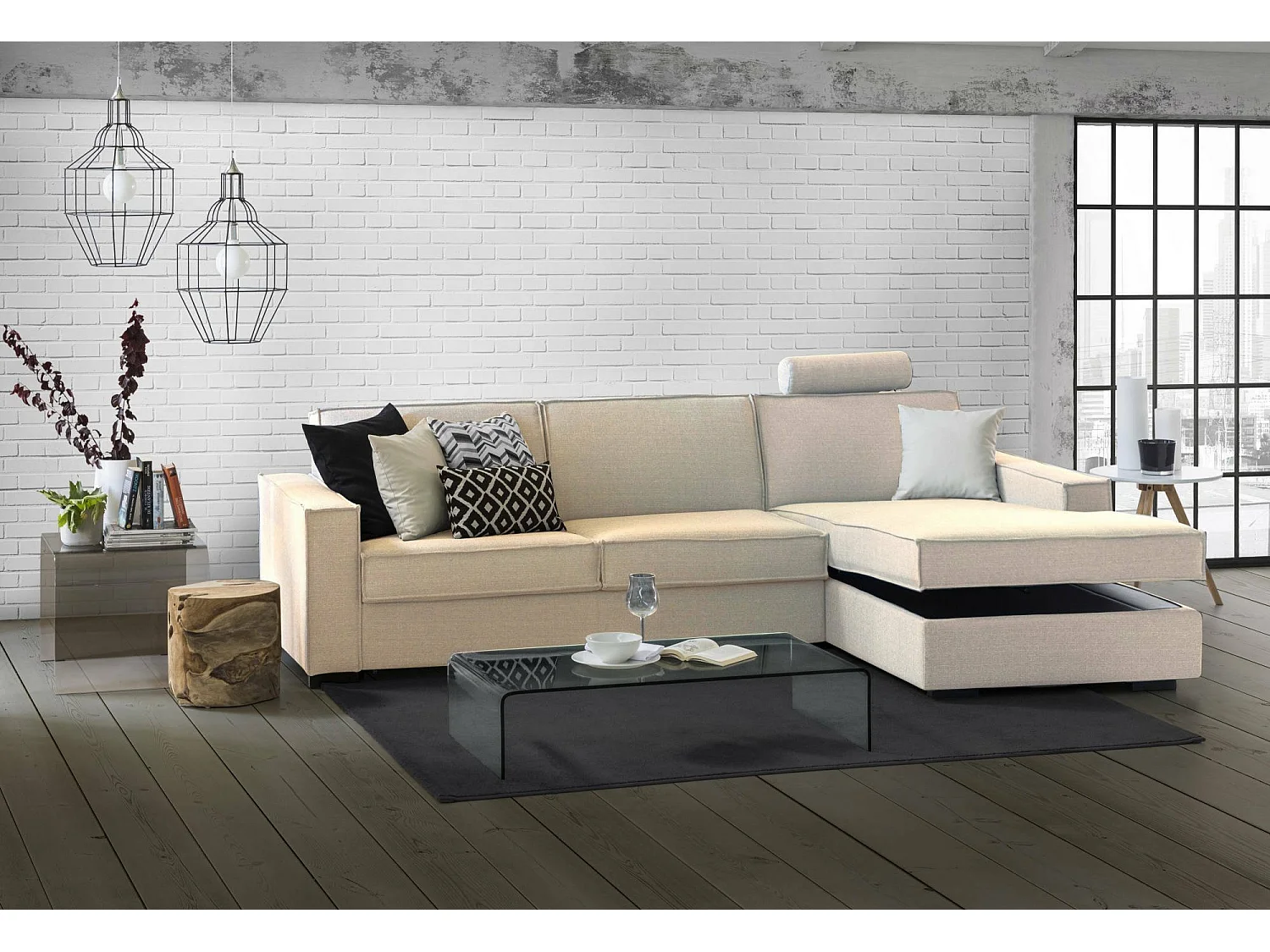 Daahje Slaapbank, Hoekbank, 100% Made in Italy, Bank met draaibare opening, Opbergschiereiland rechts, met standaard armleuningen, 280x95h90 cm, Beige