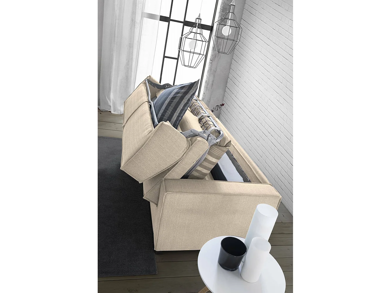 Daahje Slaapbank, Hoekbank, 100% Made in Italy, Bank met draaibare opening, Opbergschiereiland rechts, met standaard armleuningen, 280x95h90 cm, Beige