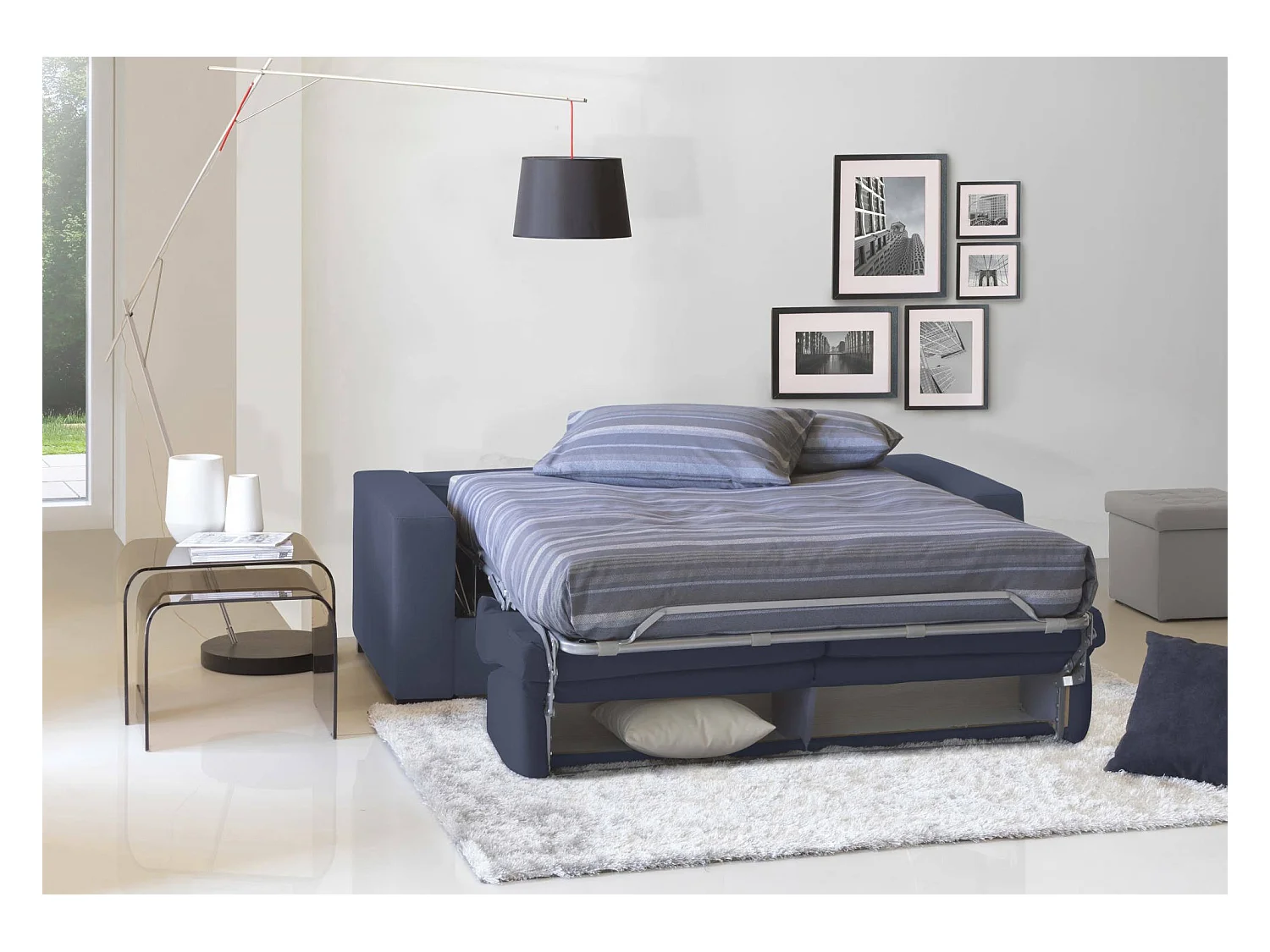 Canapé-lit Dababo, canapé 2 places, 100% Made in Italy, Canapé de salon à ouverture pivotante, en tissu rembourré, avec accoudoirs fins, 160x95h90 cm, Bleu