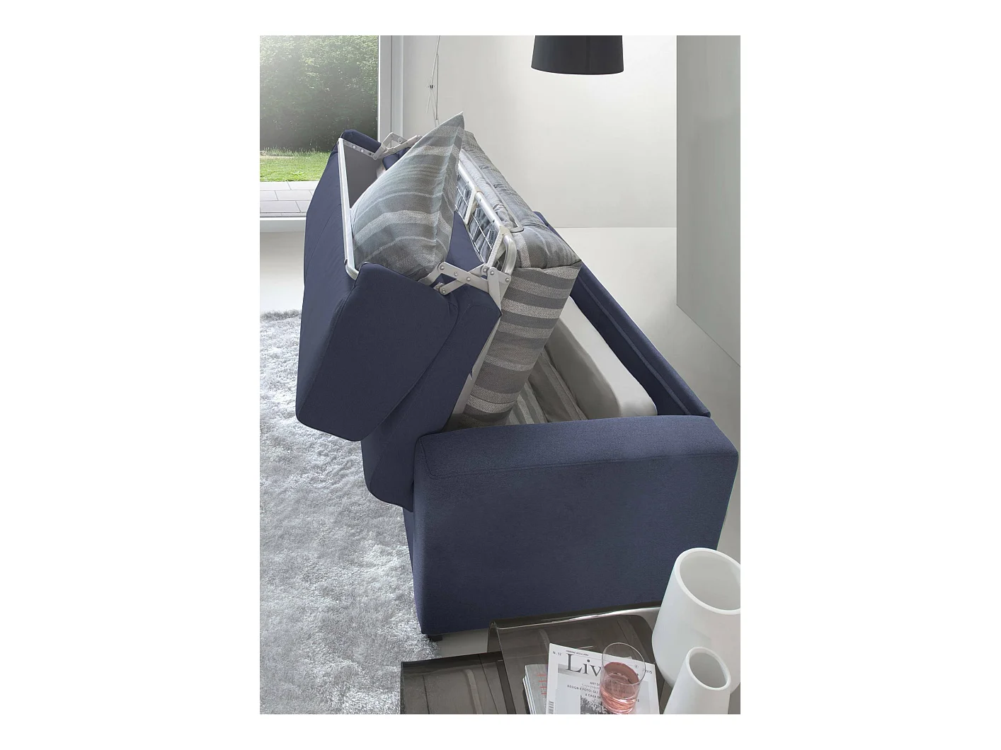 Canapé-lit Dababo, canapé 2 places, 100% Made in Italy, Canapé de salon à ouverture pivotante, en tissu rembourré, avec accoudoirs fins, 160x95h90 cm, Bleu