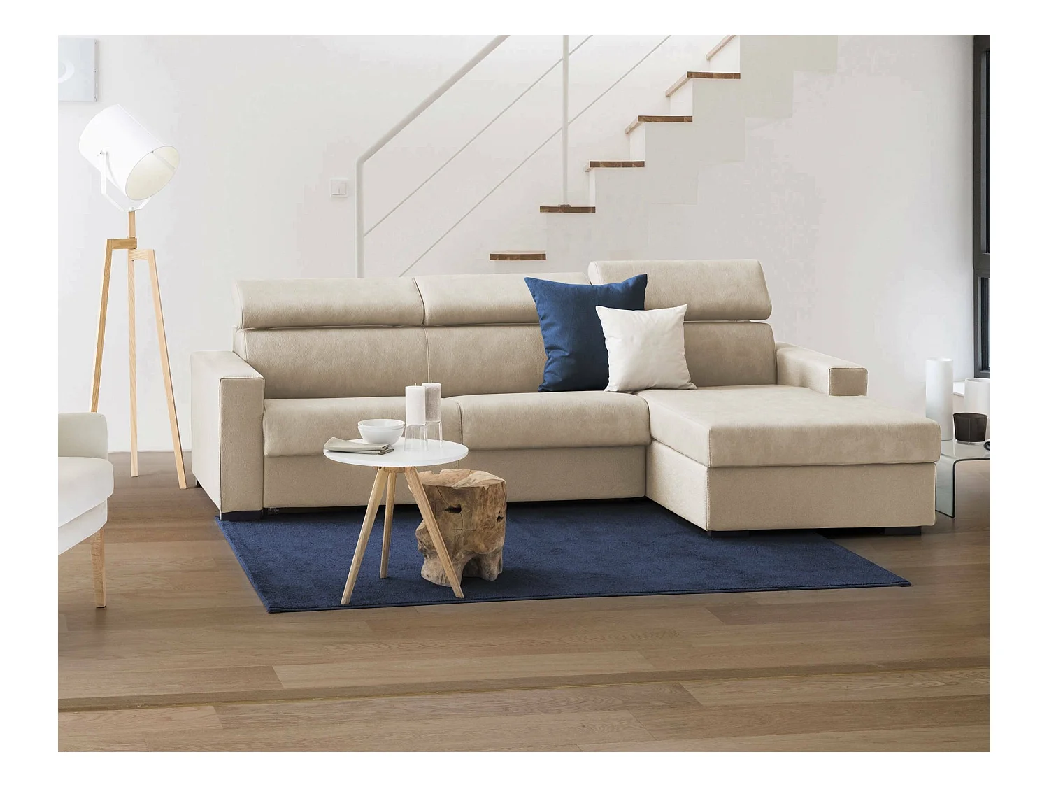 Canapé-lit Daasen, Canapé d'angle, 100% Made in Italy, Canapé à ouverture pivotante, avec péninsule de rangement droite, avec accoudoirs fins, 260x95h85 cm, Beige