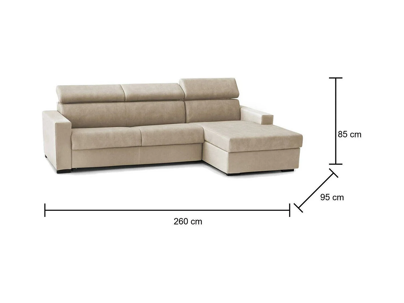 Canapé-lit Daasen, Canapé d'angle, 100% Made in Italy, Canapé à ouverture pivotante, avec péninsule de rangement droite, avec accoudoirs fins, 260x95h85 cm, Beige