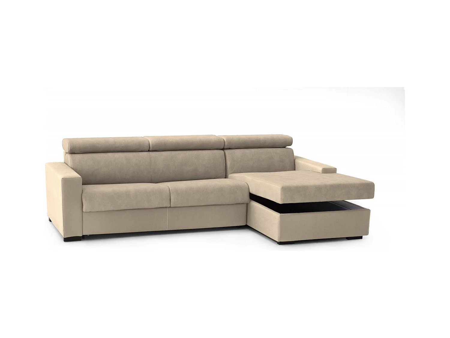 Canapé-lit Daasen, Canapé d'angle, 100% Made in Italy, Canapé à ouverture pivotante, avec péninsule de rangement droite, avec accoudoirs fins, 260x95h85 cm, Beige