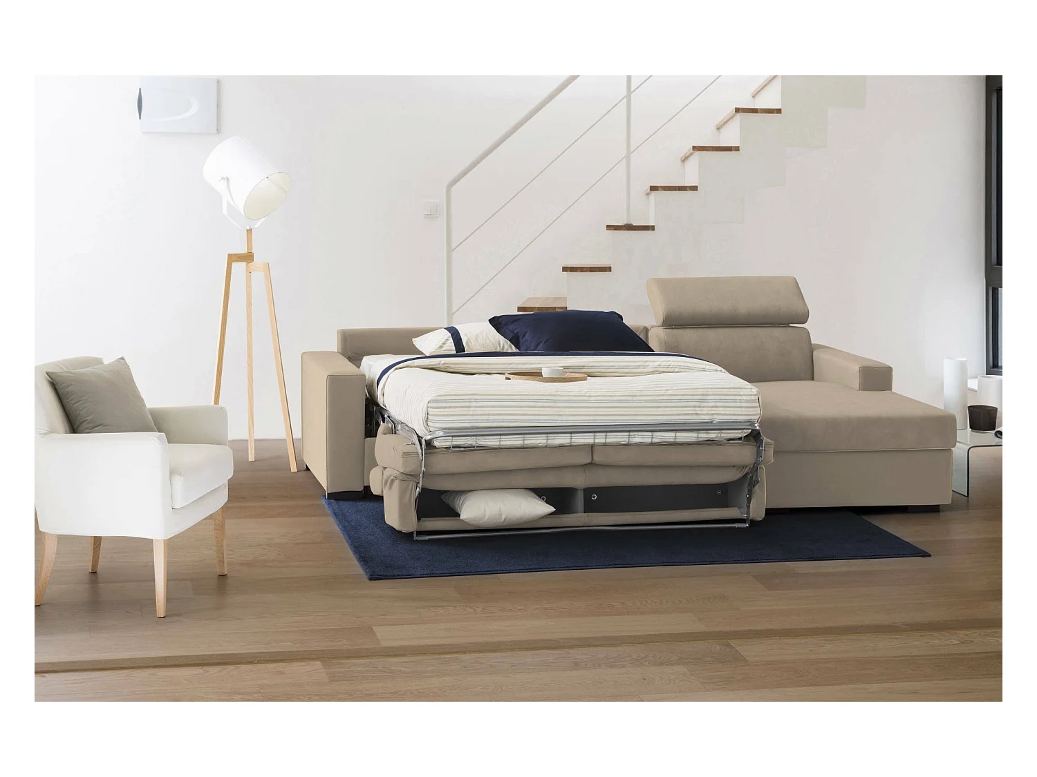 Canapé-lit Daasen, Canapé d'angle, 100% Made in Italy, Canapé à ouverture pivotante, avec péninsule de rangement droite, avec accoudoirs fins, 260x95h85 cm, Beige